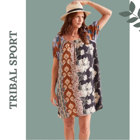 Tribal Dress Bubble Sleeves Flowy Fit Tropic Print Cover-Up Pop Over Crew Neck - Picture 1 of 10